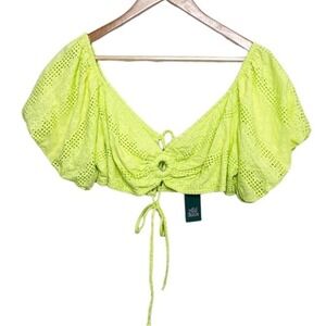 New Wild Fable Women Lime Green Eyelet Lace Up Crop Top Puff Sleeve